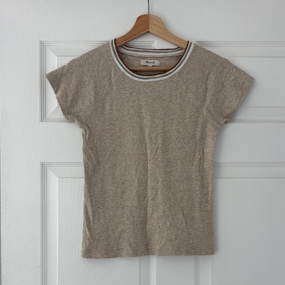 Madewell Short Sleeve Ringer Tee in Heather Taupe with White Trim